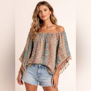 Reba Boho Floral Peasant Top Tassel Sleeve Made USA Cottagecore Festival Blouse